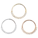 Three seam rings with half the ring consisting of 1mm round white CZ's in prong settings. One yellow gold, one white gold, and one rose gold.