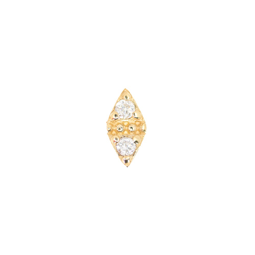 Yellow gold push pin earring in the shape of a diamond with two round prong set diamonds and a row of gold beads in between.