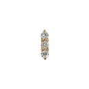 Yellow gold push pin earring with three round prong set white diamonds in a linear formation.