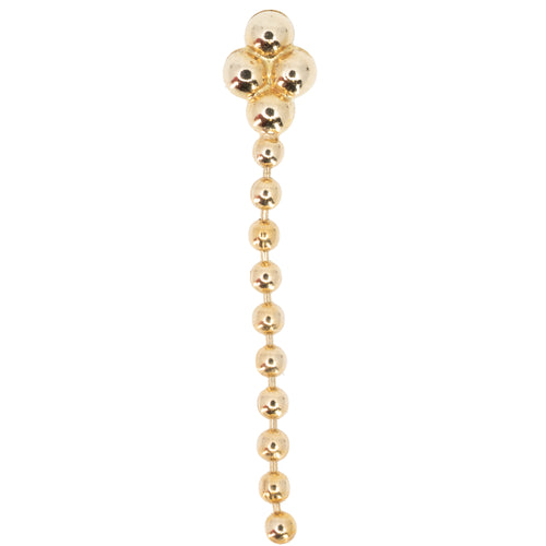 Yellow gold push pin earring with a four bead center piece and a bead chain accent.