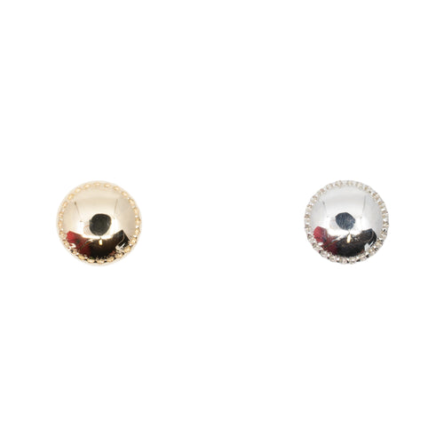 Yellow and white  gold push pin earrings with a low profile dome that has scalloped edges.