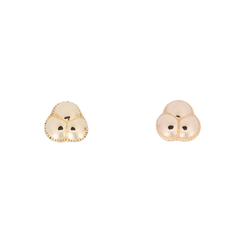 Two gold pushpin earrings each made of a triple dome with scalloped edges. One in yellow gold and one in rose gold.