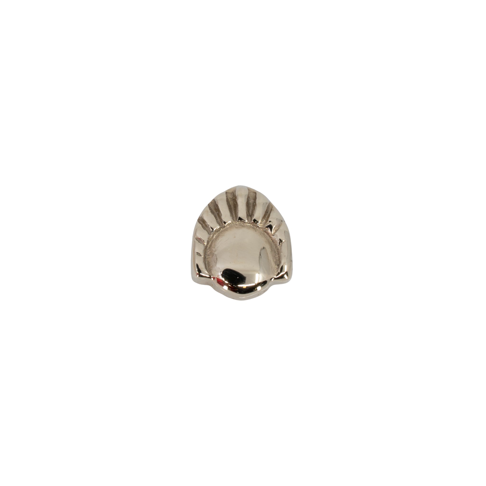 White gold push pin earring with a low profile dome and a sunrise accent on two thirds of the dome. 