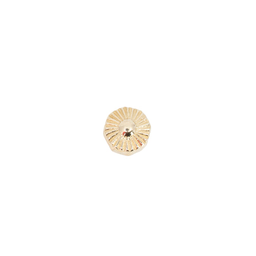 Yellow gold push pin earring in the shape of an octagon with laser etched lines pointing toward a center dome.