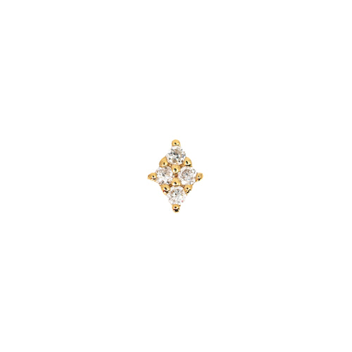 Yellow gold push pin earring in the shape of a diamond with four round prong set diamonds. Two across with one above and one below.