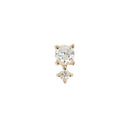Yellow gold push pin earring with a larger round prong set white diamond on top and a smaller round prong set white diamond on the bottom.