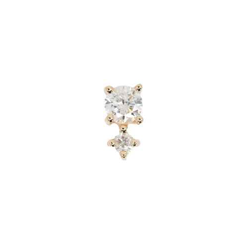 Yellow gold push pin earring with a larger round prong set white diamond on top and a smaller round prong set white diamond on the bottom.