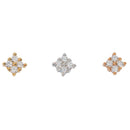 Three diamond stud push pin earrings. Each piece contains four round white diamonds in prong settings making the shape of a square. One yellow gold, one white gold, and one rose gold.