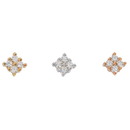 Three diamond stud push pin earrings. Each piece contains four round white diamonds in prong settings making the shape of a square. One yellow gold, one white gold, and one rose gold.