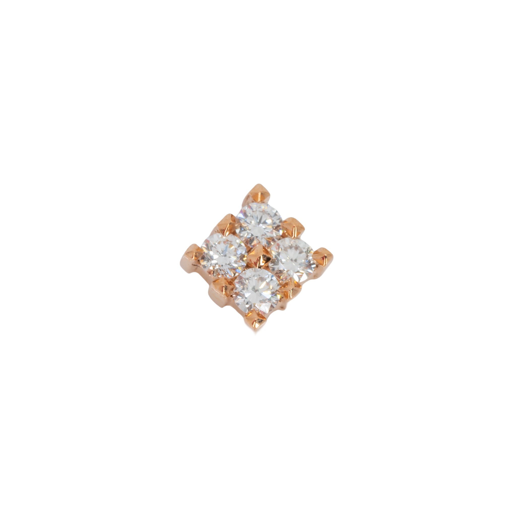 Rose gold push pin earring containing four round white diamonds in prong settings making the shape of a square. 