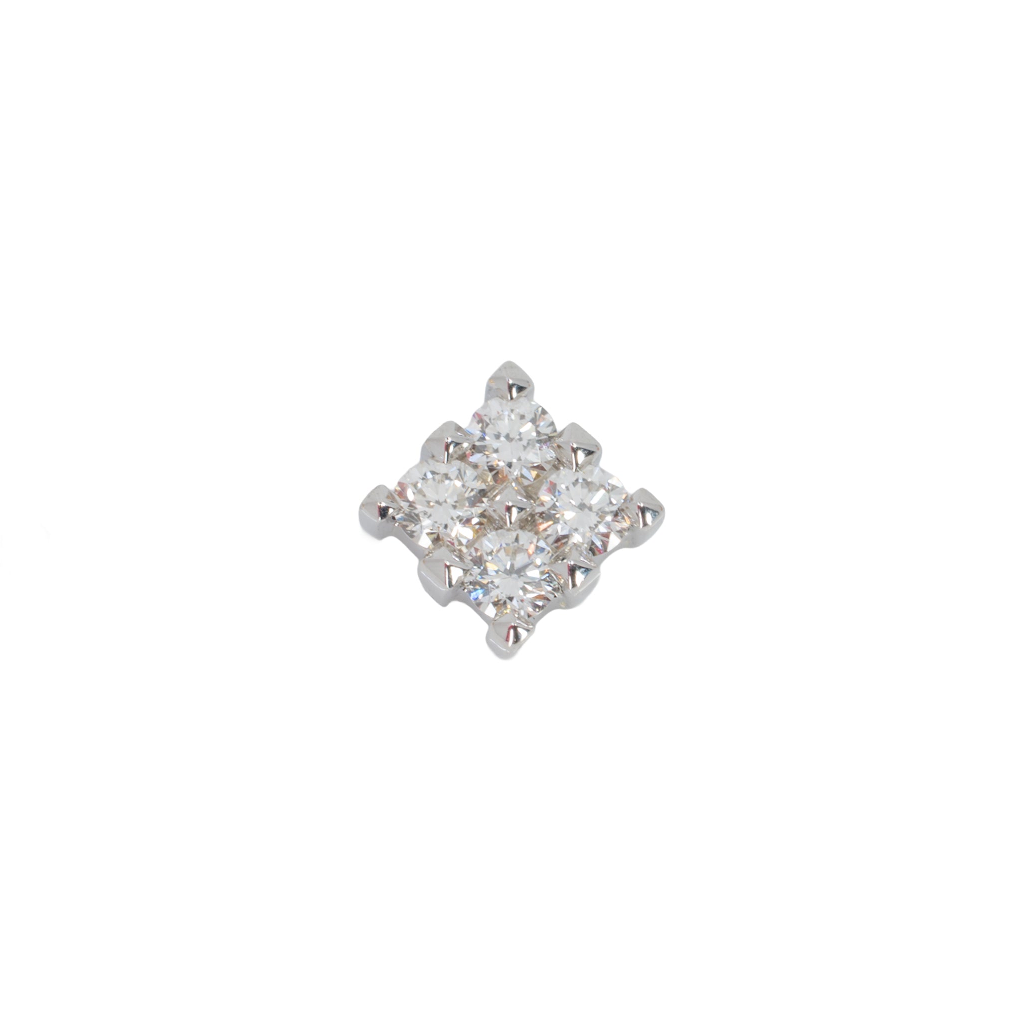 White gold push pin earring containing four round white diamonds in prong settings making the shape of a square. 