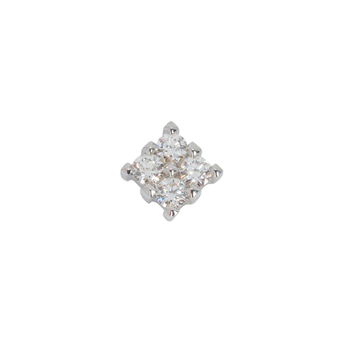 White gold push pin earring containing four round white diamonds in prong settings making the shape of a square. 