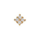 Yellow gold push pin earring containing four round white diamonds in prong settings making the shape of a square. 