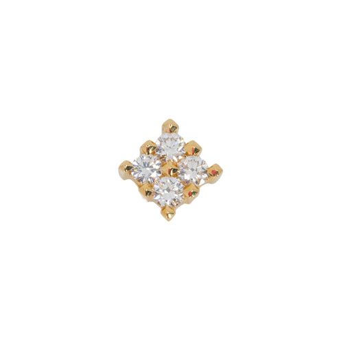 Yellow gold push pin earring containing four round white diamonds in prong settings making the shape of a square. 