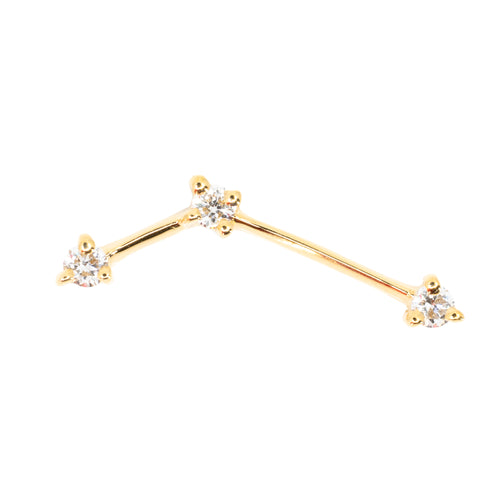 Yellow gold push pin earring composed of three round prong set diamonds connected by small delicate gold bars making a constellation.