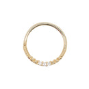 Yellow gold seam ring with three round white diamonds and beaded accents.