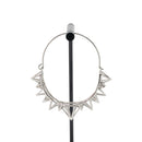 A single silver plated hoop earring with the decorative portion created by varying sizes of hollow triangles.