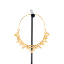 A single yellow gold plated hoop earring with the decorative portion created by varying sizes of hollow triangles.