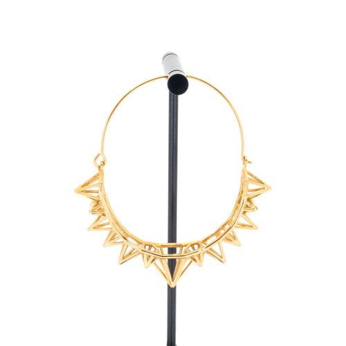 A single yellow gold plated hoop earring with the decorative portion created by varying sizes of hollow triangles.