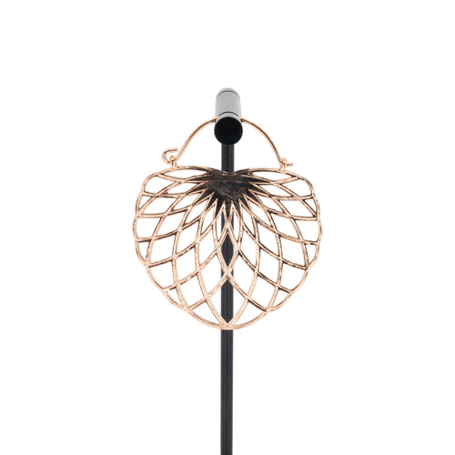 A single rose gold plated hoop earring with the decorative portion created with hollow overlapping tapered ovals creating a floral design.
