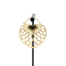 A single yellow gold plated hoop earring with the decorative portion created with hollow overlapping tapered ovals creating a floral design.