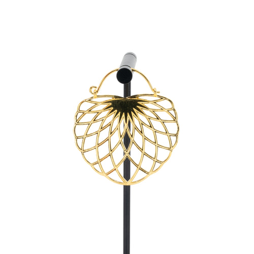 A single yellow gold plated hoop earring with the decorative portion created with hollow overlapping tapered ovals creating a floral design.
