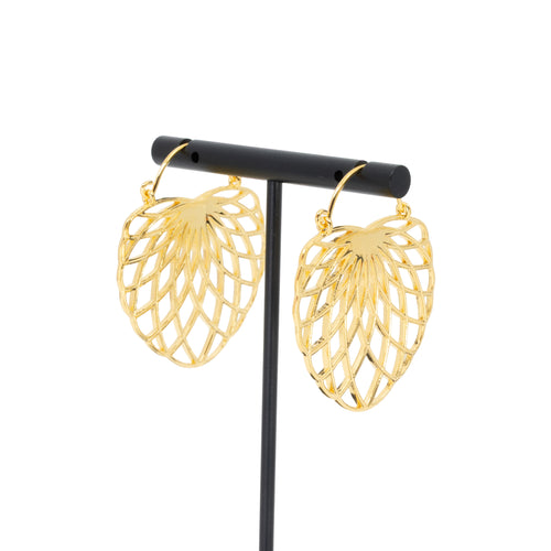 A pair of yellow gold plated hoop earrings with the decorative portion created with hollow overlapping tapered ovals creating a floral design.