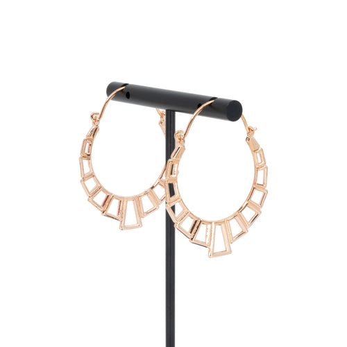 A pair of rose gold plated hoop earrings with the decorative portion created with hollow rectangles and squares.