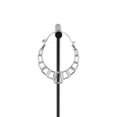 A single silver plated hoop earring with the decorative portion created with hollow rectangles and squares.