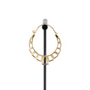A single yellow gold plated hoop earring with the decorative portion created with hollow rectangles and squares.