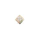Yellow gold push pin earring with a princess cut white sapphire in a step down bezel setting.