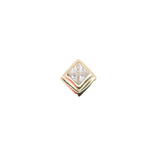 Yellow gold push pin earring with a princess cut white sapphire in a step down bezel setting.