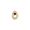 Yellow gold push pin earring with an open braided teardrop shape and a prong set round black diamond accent.