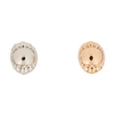 Two push pin earrings with a dome center and a beaded boarder. One white gold and one rose gold.