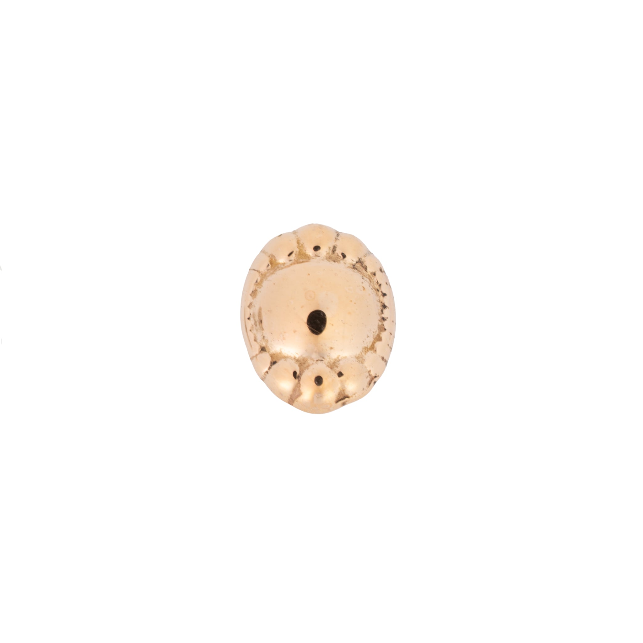A rose gold push pin earring with a dome center and a beaded boarder. 