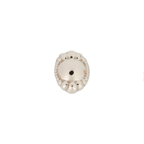 A white gold push pin earring with a dome center and a beaded boarder. 
