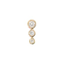 Yellow gold push pin earring consisting of three round white diamonds in bezel settings in descending sizes.