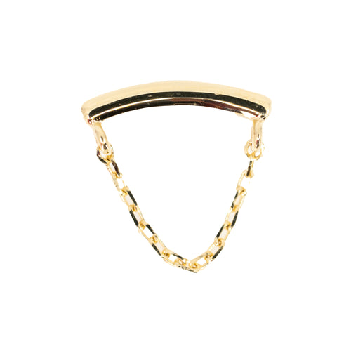 Yellow gold push pin earring consisting of a gold curved bar with a delicate chain connecting the ends.