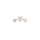 Yellow gold push pin earring consisting three prong set round white diamonds. A bigger stone is in the center, and the smaller stones are on either side connected by gold beads.