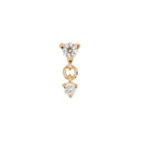 Yellow gold push pin earring composed of two round prong set diamonds in descending sizes connected by small gold ring. Push pin is behind the top diamond and the other one dangles. 
