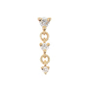 Yellow gold push pin earring composed of three round prong set diamonds in descending sizes connected by small gold rings. Push pin is behind the top diamond and the other two dangle. 