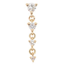 Yellow gold push pin earring composed of four round prong set diamonds in descending sizes connected by small gold rings. Push pin is behind the top diamond and the other three dangle. 