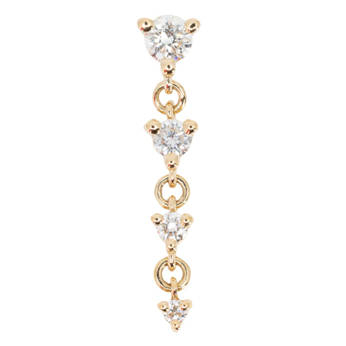 Yellow gold push pin earring composed of four round prong set diamonds in descending sizes connected by small gold rings. Push pin is behind the top diamond and the other three dangle. 