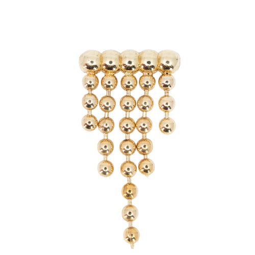 Yellow gold push pin earring consisting of a five bead bar with bead chain accents off of each five beads.