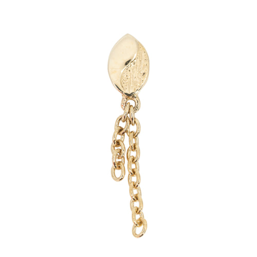 Yellow gold push pin earring with a yin yang oval and two chain accents.