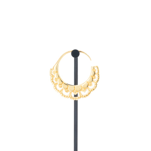 A single yellow gold plated hoop earrings with flower petal details.