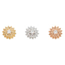 Three round diamond stud push pin earrings in a flower setting with two rows of petals. One yellow gold, one white gold, and one rose gold.