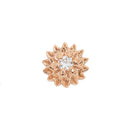A round diamond stud push pin earring in a rose gold flower setting with two rows of petals. 