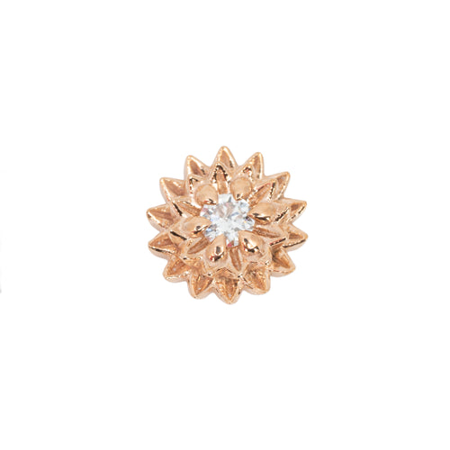 A round diamond stud push pin earring in a rose gold flower setting with two rows of petals. 