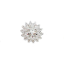 A round diamond stud push pin earring in a white gold flower setting with two rows of petals. 